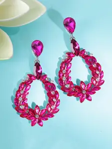 Yellow Chimes Pink Floral Crystal Studded Drop Earrings