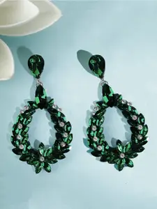 Yellow Chimes Silver-Plated Green Crystal Drop Earrings