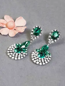 Yellow Chimes Green & White Teardrop Shaped Crystal Silver-Plated Drop Earrings