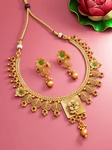 aadita Gold-Plated Green & Pink Stone-Studded & Pearl Beaded Choker Necklace Set