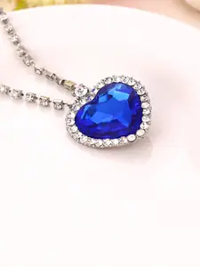 Yellow Chimes Rhodium-Plated Blue & White Crystal-Studded Heart Shaped Pendant With Chain