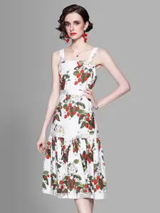 JC Collection Women White & Green Floral Fit & Flare Dress