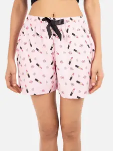 Nite Flite Women Pink & Black Printed Cotton Lounge Shorts