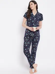 Camey Women Navy Blue & White Printed Cotton Night suit