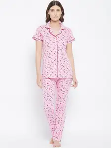 Camey Women Pink & Red Printed Pure Cotton Night Suit