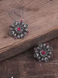 Silvermerc Designs Silver-Plated Pink Floral Oxidised Studs Earrings