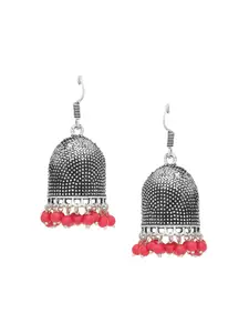 Silvermerc Designs Oxidised Silver-Plated Red Beaded Jhumkas Earrings