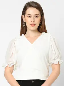 MISH Women Off White Solid Georgette Wrap Top