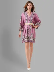 JC Collection Pink Ethnic Motifs Puff Sleeves Ethnic A-Line Dress