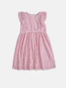Pantaloons Junior Girls Pink Self Design Flutter Sleeves Pure Cotton Dress