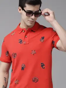 U.S. Polo Assn. Denim Co. U S Polo Assn Denim Co Men Coral Red & Navy Blue Printed Polo Collar T-shirt