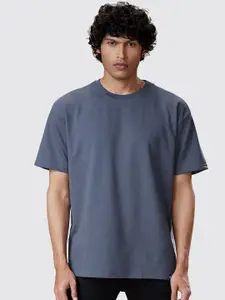 The Souled Store Men Denim Blue Melange Solid Round Neck Oversized T-Shirt