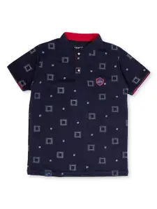 earth conscious Boys Navy Blue Printed Mandarin Collar Pure Cotton T-shirt