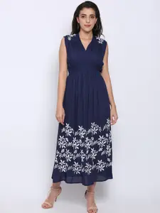 PARAMOUNT CHIKAN Women Navy Blue Floral Embroidered Chikankari A-Line Dress