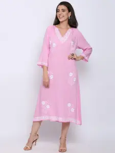 PARAMOUNT CHIKAN Pink Floral Embroidered Chikankari A-Line Midi Dress