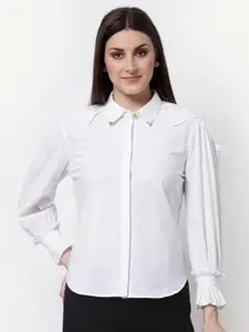 BLANC9 White Solid Shirt Style Pure Cotton Top