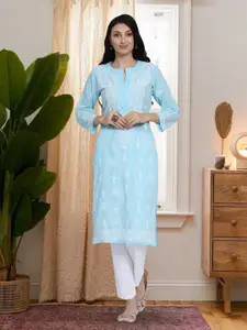 PARAMOUNT CHIKAN Women Turquoise Blue Ethnic Motifs Chikankari Cotton Kurta