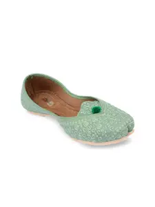DESI COLOUR Women Green Embellished Leather Ethnic Mojaris Flats