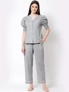 BLANC9 Women Grey Solid Pure Cotton Night suit