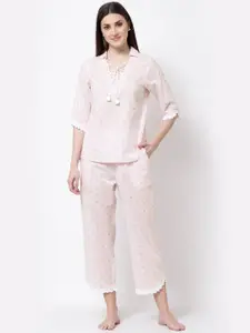 BLANC9 Women Pink Lace Frill Cotton Night suits