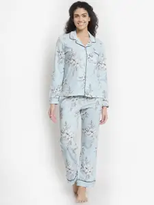 YOONOY Women Blue Floral Printed Pure Cotton Nightsuit