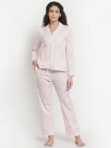 YOONOY Women Pink & White Printed Night suit YWSS22LSET1254