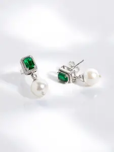 March by FableStreet 925 Sterling Silver Rhodium-Plated Green Zircon and Pearl Earrings