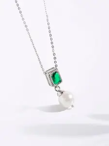 March by FableStreet 925 Sterling Silver Rhodium-Plated Green Zircon and Pearl Necklace