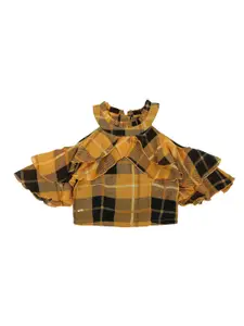 Actuel Girls Mustard Yellow & Black Checked Cotton Blend Top