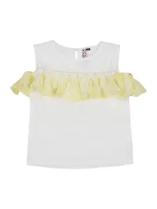 Actuel Girls White & Yellow Solid Pure Cotton Top