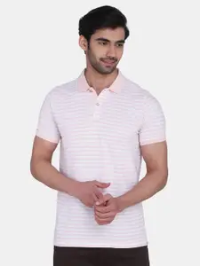 Blackberrys Men Pink & White Striped Polo Collar Slim Fit T-shirt