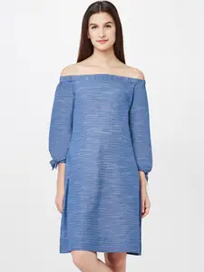 AND by Anita Dongre Women Blue Solid Off-Shoulder A-Line Dress