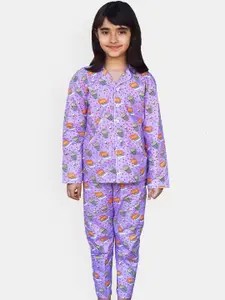 Little Musketeer Girls Lavender Printed Pure Cotton Night Suit