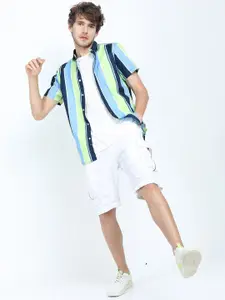 HIGHLANDER Men Blue Slim Fit Multi Stripes Striped Casual Shirt