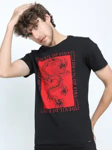 HIGHLANDER Men Black Graphic Printed Slim Fit Cotton T-shirt