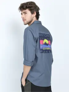 HIGHLANDER Men Blue Printed Slim Fit Cotton Casual Shirt