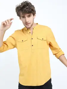 HIGHLANDER Men Mustard Yellow Slim Fit Mandarin Collar Cotton Linen Casual Shirt