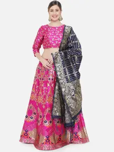 DIVASTRI Pink & Blue Ready to Wear Banarasi Silk Lehenga & Unstitched Blouse With Dupatta