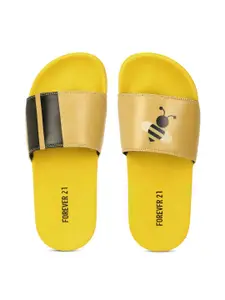 FOREVER 21 Women Yellow & Gold-Toned Printed Sliders