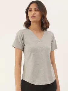 BRINNS Women Grey Melange V-Neck Cotton T-shirt