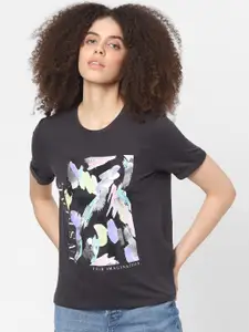 ONLY Women Black & Lavender Abstract Printed Raw Edge T-shirt