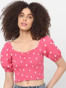 ONLY Women Pink Polka Dot Printed Smocked Crop Top