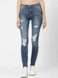 ONLY Women Blue Skinny Fit High-Rise Highly Distressed Heavy Fade Jeans
