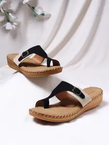 TRASE Women Cream & Black Comfort Flats with Buckles