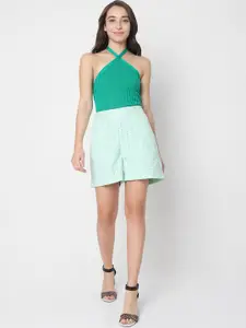 Vero Moda Women Green Schiffli Loose Fit High-Rise Cotton Shorts