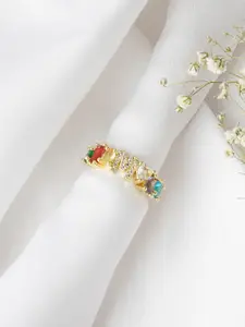 JOKER & WITCH Multi-Coloured & Gold-Plated Rhinestone Studded Finger Ring