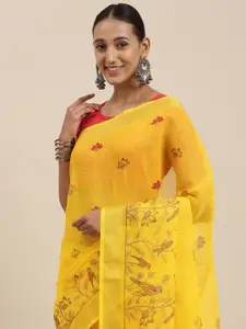 Rudra Fashion Yellow & Red Floral Linen Blend Ikat Saree