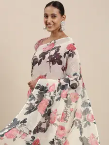 Rudra Fashion Off White & Pink Floral Printed Ikat Saree