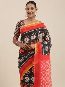Rudra Fashion Black & Red Ethnic Motifs Printed Ikat Saree