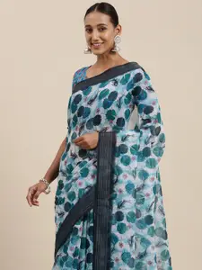 Rudra Fashion White & Green Floral Printed Ikat Saree